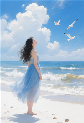 唯美海边蓝色纱裙少女看海油画图片